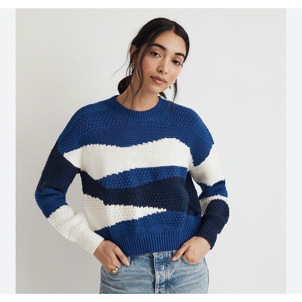 Madewell Blue White Wavy Stripe Colorblock Chunky Knit Sweater Small